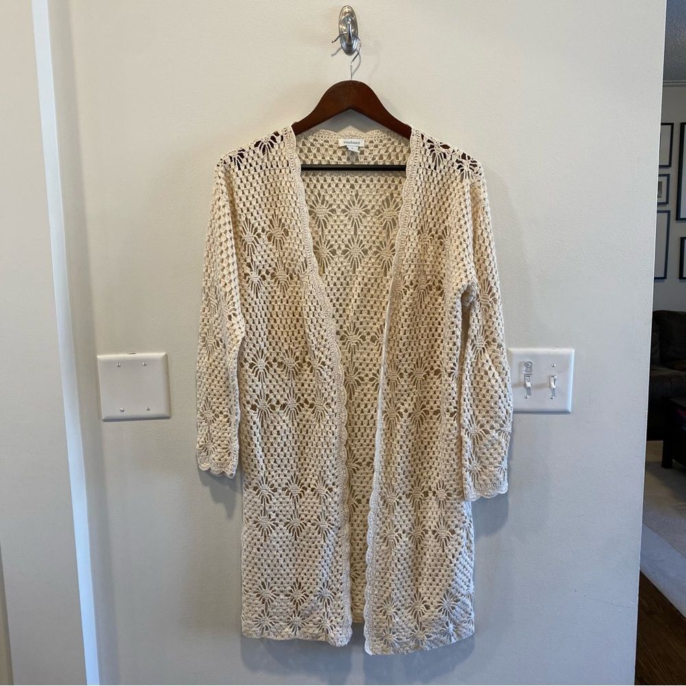 Sundance Womens Fosette Open Cardigan Duster Small crochet long boho cowgirl